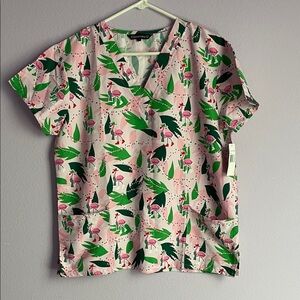 Women’s new with tags, flamingo holiday inspired, scrub top large